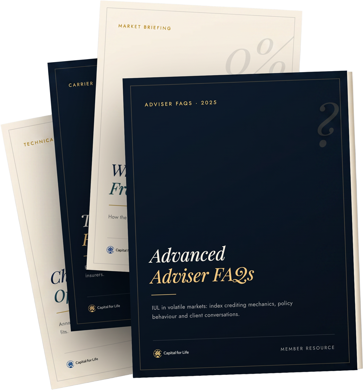 Fanned stack of Capital for Life adviser briefing covers